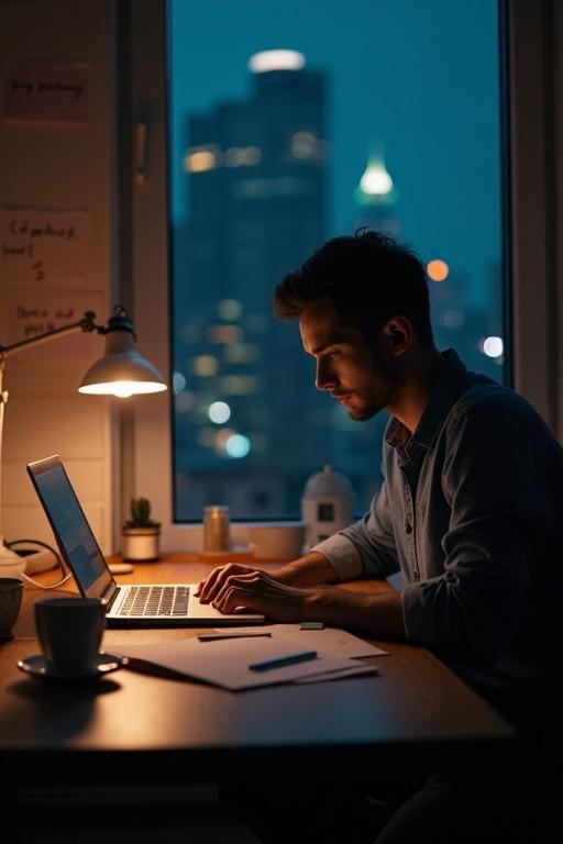 Young entrepreneur works alone at a minimalist desk. Desk is illuminated by warm lamp light. Papers and empty coffee cups are present. An open laptop is in front. The view outside shows a city with distant neon lights. Atmosphere is intimate and focused. The desk's wood texture and worn keyboard add detail. Hyperrealistic cinematic style captures concentration and passion.