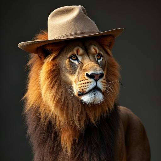 Lion wearing a hat. Close-up view with a strong expression. Captured in soft lighting. Vibrant colors emphasize the lion's features.