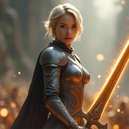 Full-body ultra-realistic photo of strong young woman in sleek fantasy armor. She has short blonde hair and golden eyes. Athletic build, holds a glowing sword in a battle-ready pose. Magical aura surrounds her. Dramatic battlefield background, photorealistic lighting, cinematic quality, 8K resolution.
