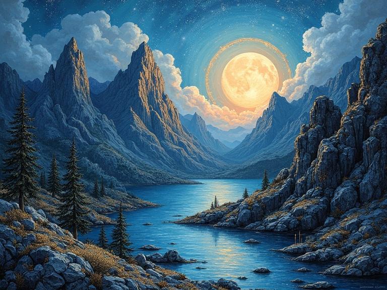 A 3D moonlit jagged mountain ridge twisting into the distance. Radiant colors with intricate gold detailing and pearls. Mysterious and ethereal elements intertwining. Sparkling light reflecting off a river.