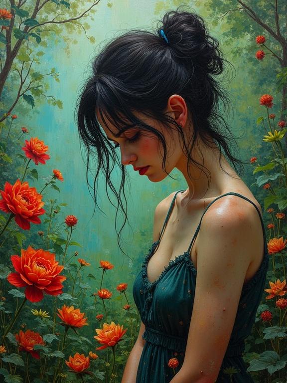 A striking picture of a sad woman in a lush garden deep in thought. Scene is rendered in a blend of expressionist and neo-impressionist styles with textured layers of colorful paint.