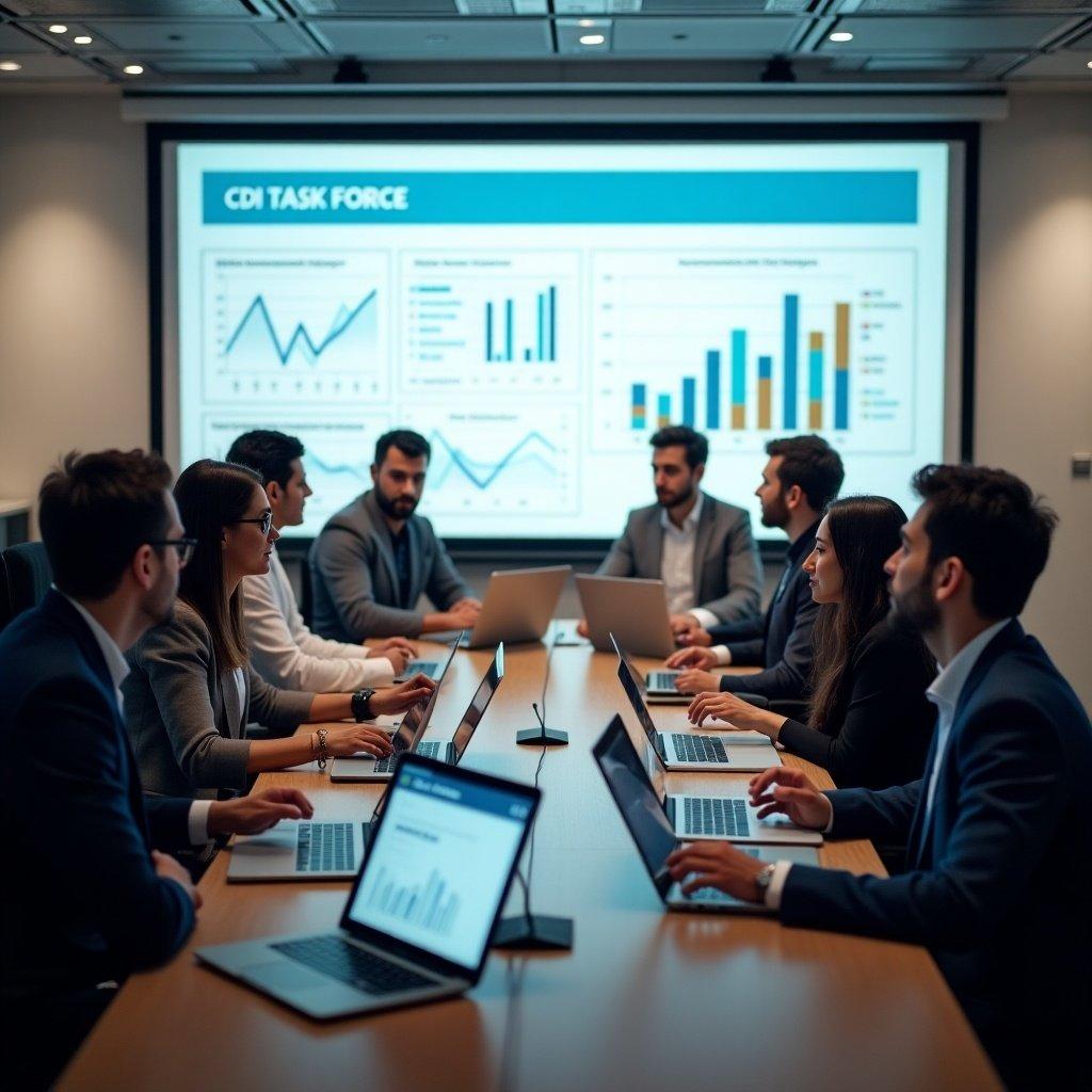 Group engaged in a conference room discussing CDI task force. Laptops on table show data. Presentation screen displays graphs. Team members participative and focused.