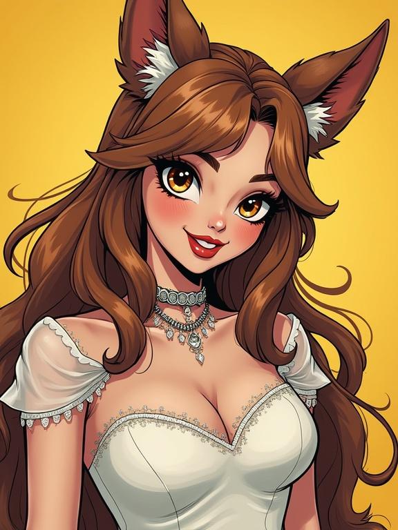 A dog girl character in bridal attire with elegant accessories and a bright background. The outfit features a neckline and decorative elements. Character has long wavy hair and furry ears.