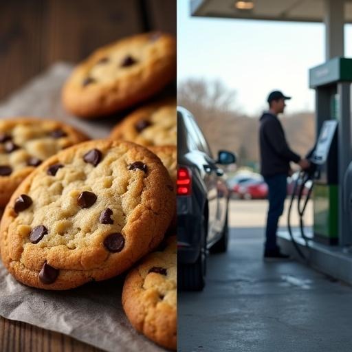 Split screen image includes warm chocolate chip cookies on the left side and a person refueling their car at a modern gas station on the right side. The image is photorealistic with excellent lighting and clear separations between the two scenes.