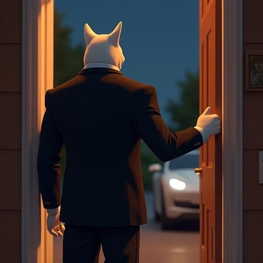 A muscular anthropomorphic male cat opens the front door of a suburban home. The cat wears a white shirt and black blazer. The scene shows a sleek car in the driveway. The atmosphere is calm and confident. It is rendered in vibrant 3D animation.