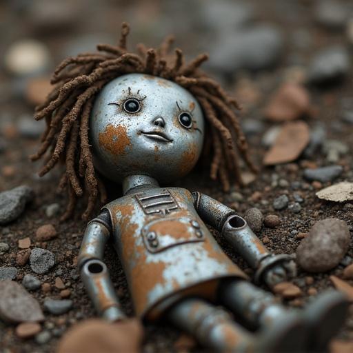 A rusty and broken metal doll is thrown at the dump. Doll is laying on the ground lifeless. The perspective captures the details of the doll among the dirt and debris.