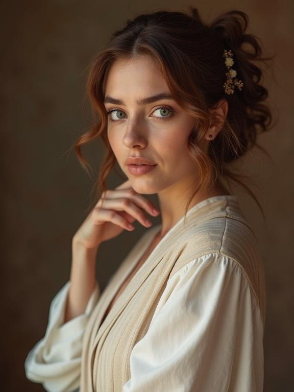 A woman poses gently with a soft expression. She has light brown hair styled elegantly and is wearing a cream-colored garment. The background is softly blurred, creating a dreamy atmosphere.