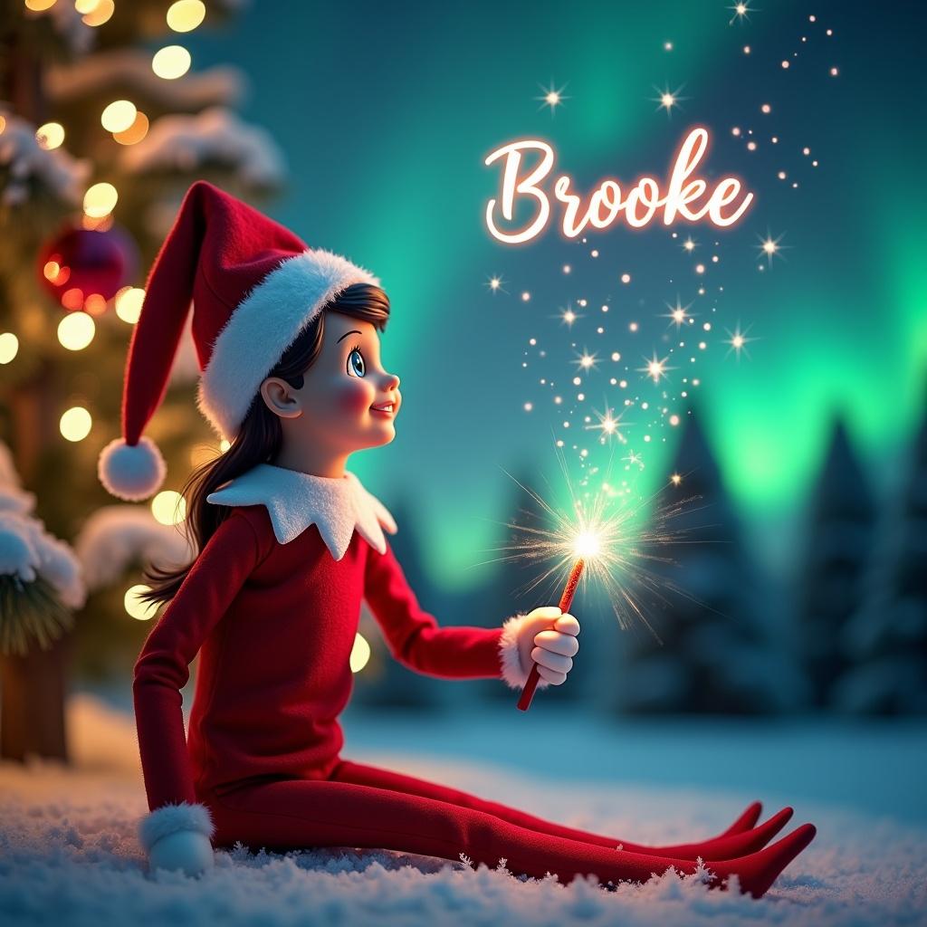 A young girl wears a bright red outfit and a Santa hat in front of a decorated Christmas tree. The tree lights twinkle with a bokeh effect. The girl's name is artistically written. An elf on the shelf faces a sky filled with northern lights, writing names with a wand. The scene is set in a snowy winter wonderland with evergreen trees. The atmosphere is whimsical and festive for Christmas.