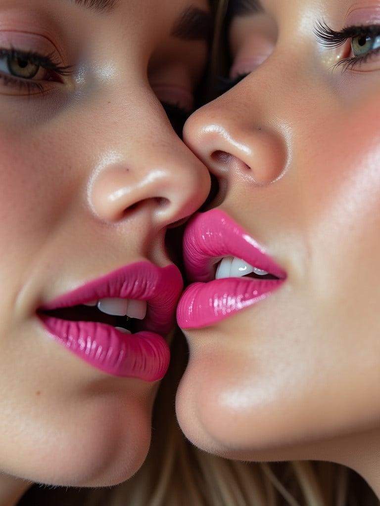 Closeup of beautiful girls with glossy pink lip makeup in an intimate pose. Focus on lips and facial features with a soft background.