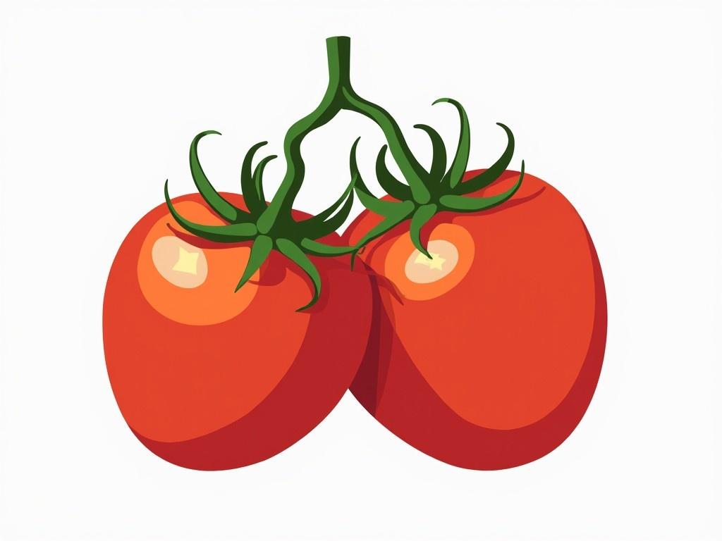 The image portrays two bright, ripe tomatoes still attached to a green vine against a white background. The tomatoes are vividly red with a glossy finish, and their leaves are a contrasting rich green, adding a sense of freshness. The simple yet bold design highlights the tomatoes' round shapes and natural textures.