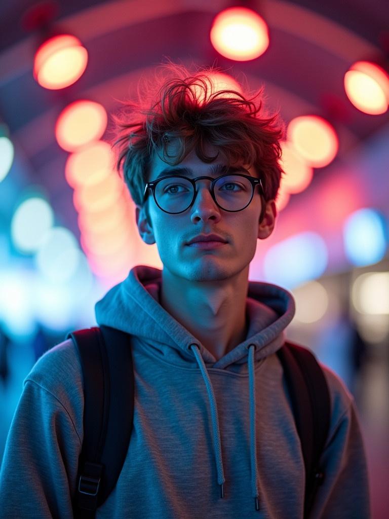 Young man with tousled light brown hair and glasses stands confidently in a vibrant place. Gray hoodie worn with the hood down. Backpack on one shoulder. Colorful lights radiate behind him. Backdrop creates a dynamic modern atmosphere. Expression calm and introspective, suggests blend of curiosity and focus.