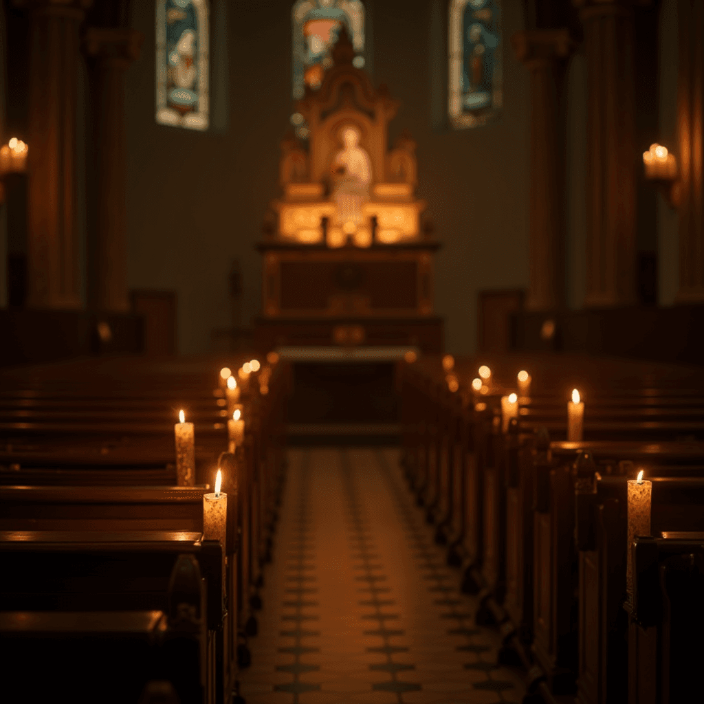 Candles illuminate the aisle of a dimly lit church with a softly focused altar in the background.