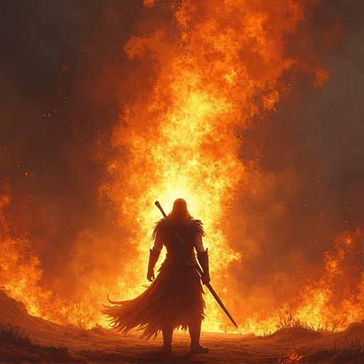 A warrior faces an inferno with focus on flames. Background has smoke and embers. Scene creates an intense atmosphere. Art is a dramatic digital painting with deep shadows and glowing highlights.