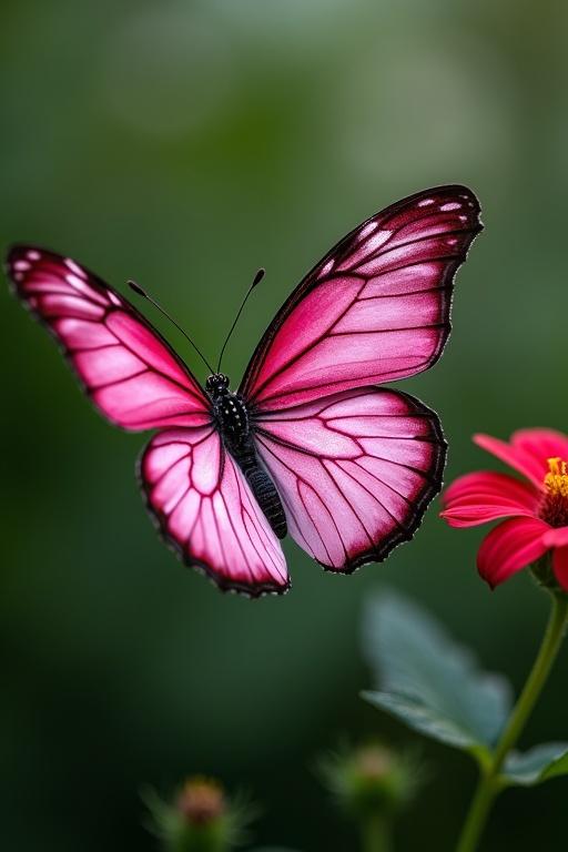 A butterfly with dark pink and white wings is flying. The background is blurred with hints of green. A pink flower is in the foreground.