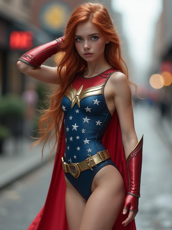 Very realistic image of a cute teenaged girl with long auburn hair posing as a superheroine. She has a blue and red American flag-themed costume with a cape. The background shows a modern city street in soft focus.