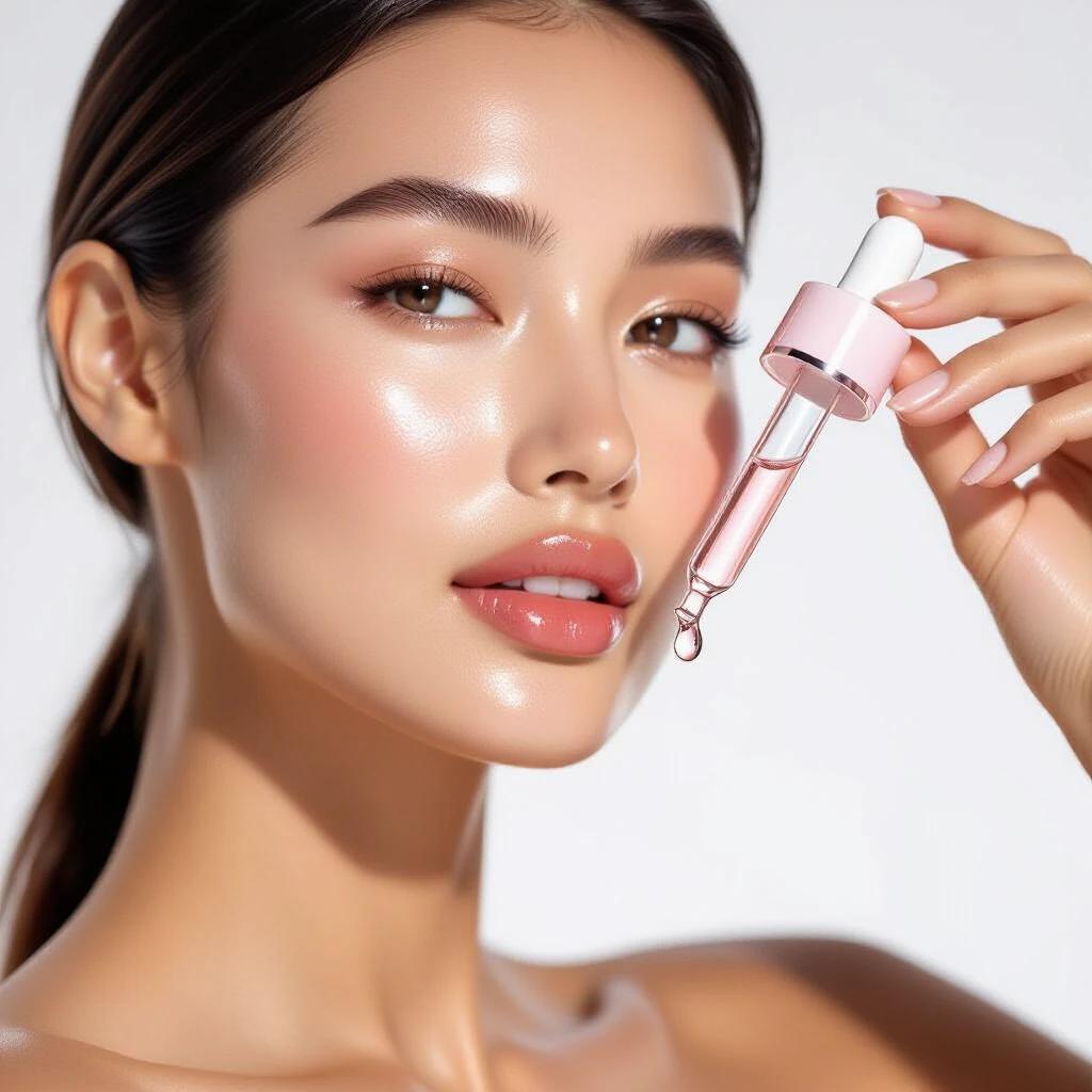 Extreme close-up of a model applying serum with a sleek dropper. The serum is glossy and translucent. The model's skin is ultra-dewy and flawless. The scene is bright with natural light showcasing minimalistic design.