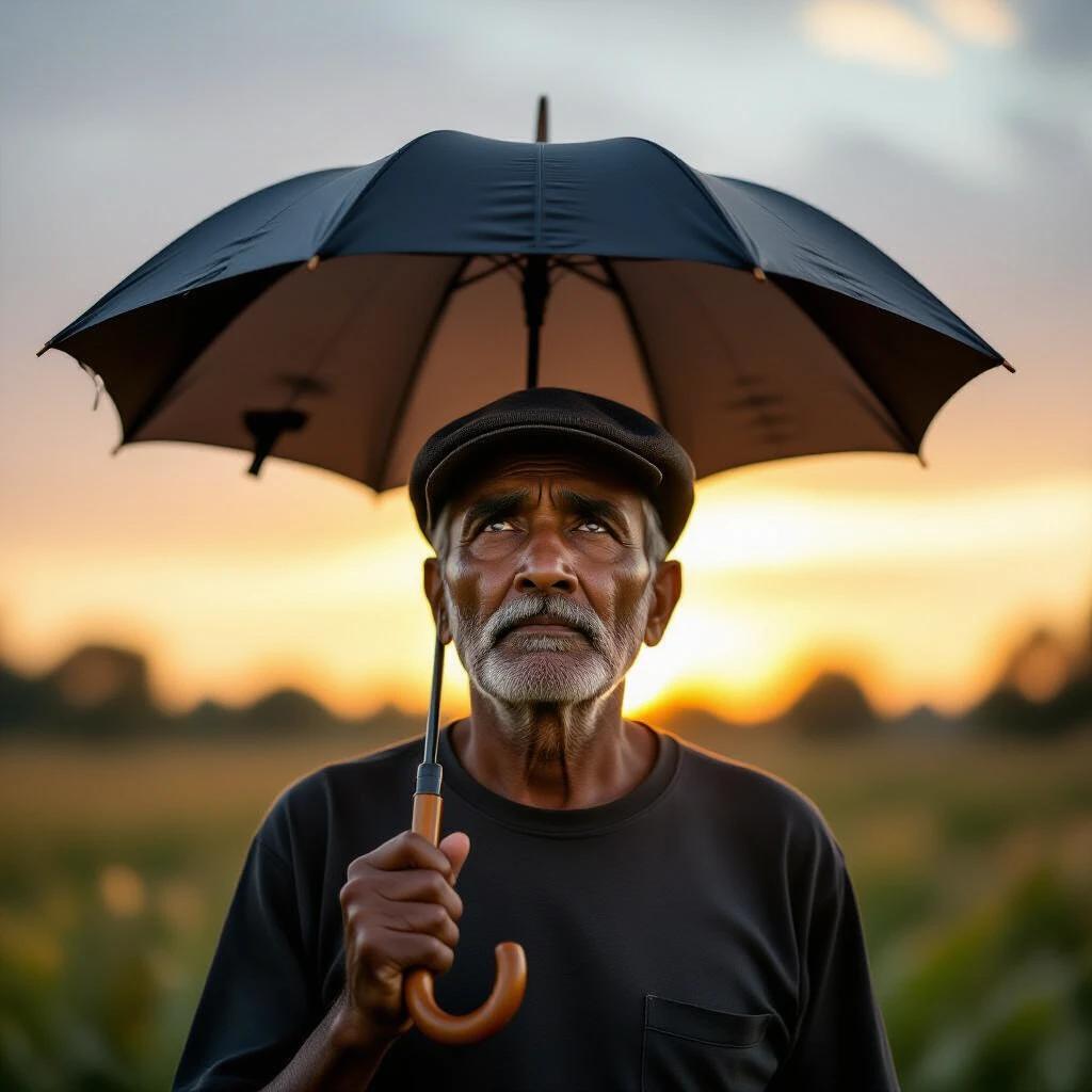 Photo-realistic portrait of an elderly Indian man standing outdoors during golden hour. He holds a classic black umbrella with a curved wooden handle. The umbrella is smaller than regular size. He looks up with concern and quiet resignation. Deep lines are visible on his face. He wears a dark, plain t-shirt and a vintage-style flat cap. The background features a soft-focus open field with trees and a subtly clouding sky.