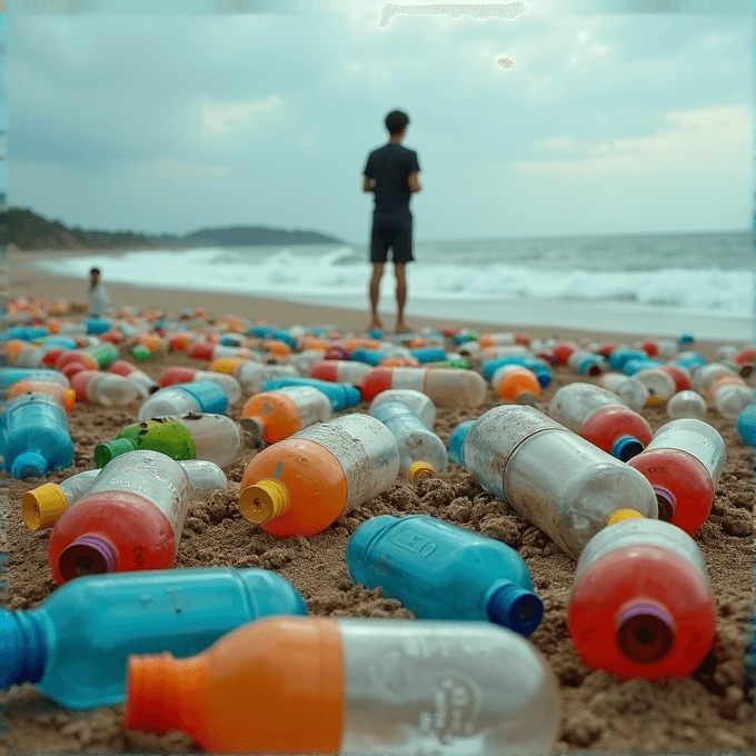 A beach covered with many colorful plastic bottles while a person stands near the ocean waves.