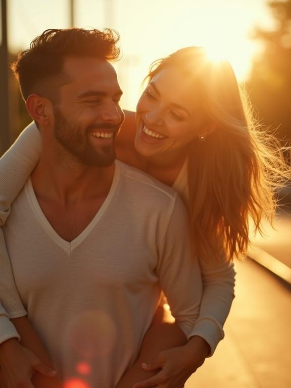 Cinematic shot of a laughing couple in golden sunlight. Woman rides on man's back. Wind moves her hair. Camera starts wide and dollies in. Close-up shows their joyful faces. Breeze lifts her hair. Camera orbits around them in slow motion. Handheld camera feel with smooth transitions.