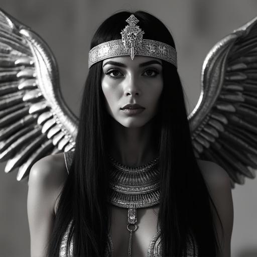 A woman with black hair and metallic bird wings. She wears an ancient Egyptian inspired headdress. The scene is in black and white. The style is art-deco resembling an old photograph. Lighting creates dramatic effects. Focus on details and textures.