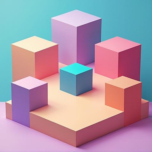 3D simulation game design featuring colored cubes in an arena. Different shapes and sizes of cubes in pastel colors. Central cube highlighted. Aesthetic design.