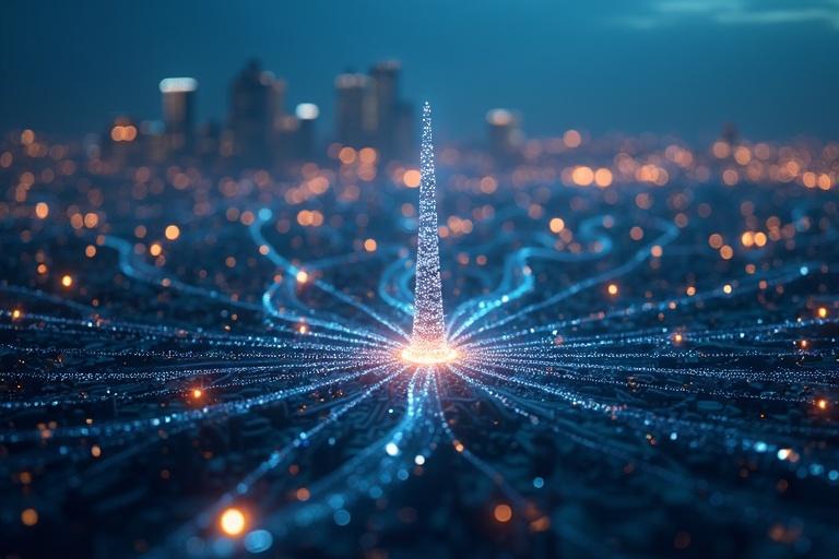 A cityscape showing a glowing tower illustrating wireless connections. Background with lights representing an urban environment. Lines of light radiate from the tower, connecting to the city around.