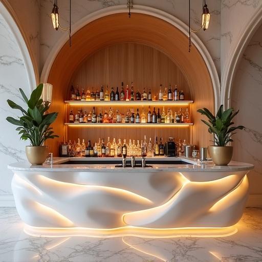 Elegant bar design for beach restaurant. Modern and artistic features. Shelves stocked with drinks. Light colors enhance ambience. Organic shapes define front. Mirrors and LED lights complement decor. Made with expensive marble and fine wood.