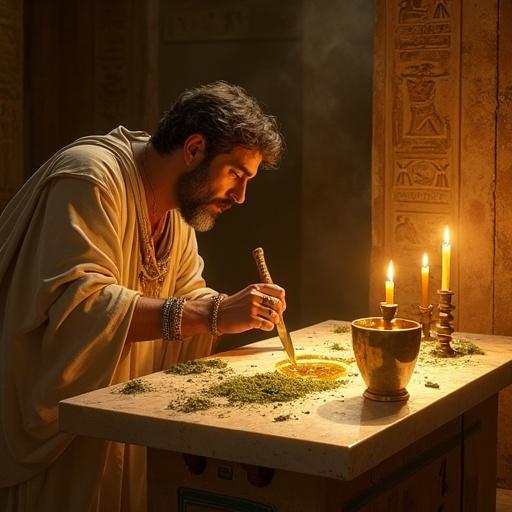 Digital painting showcasing a reverent ancient Egyptian dentist in candlelit chamber. The dentist uses golden honey mixed with green herbs on a patient lying on an alabaster slab. Candlelight flickers, illuminating hieroglyphs on sandstone walls. Focus on the dentist's intricate rings and deliberate actions, capturing the blend of tradition and healing.