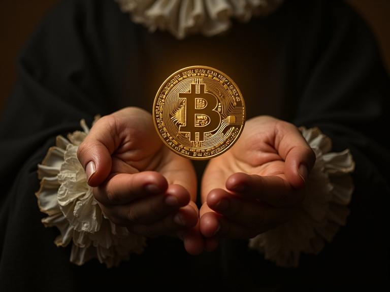 Dramatic Baroque-style t-shirt illustration inspired by Rembrandt featuring a figure in 17th-century Dutch clothing holding a glowing Bitcoin coin. Light falls only on the coin and hand. Dark painterly background enhances the mysterious feel of the modern symbol.