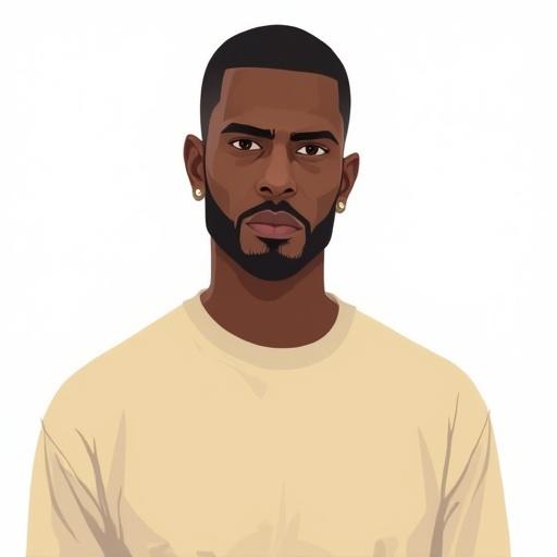 A black male character illustrated in a clean 2D style. Character has dark skin with a clean fade haircut. He has a trimmed beard and mustache. Wearing small stud earrings. Character faces forward with a calm serious expression. Dressed in a plain beige t-shirt. Clear bright lighting with no shadows. Solid white background for focus.