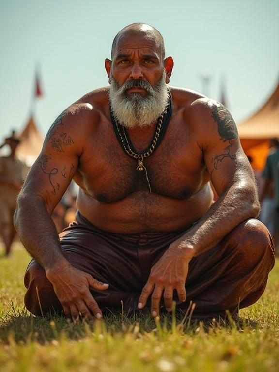 Ultra-photorealistic portrait of a 70-year-old Middle Eastern oil wrestler. Colossal muscular figure with loose skin, covered in oil. Buzz cut with thick brows and salt-and-pepper beard. Dressed in traditional kispet trousers. Shot from a low angle to emphasize size, against a blurred festive background. Detailed textures and low light create intense rim glow. The wrestler gazes directly at the viewer, in a powerful stance on grass.