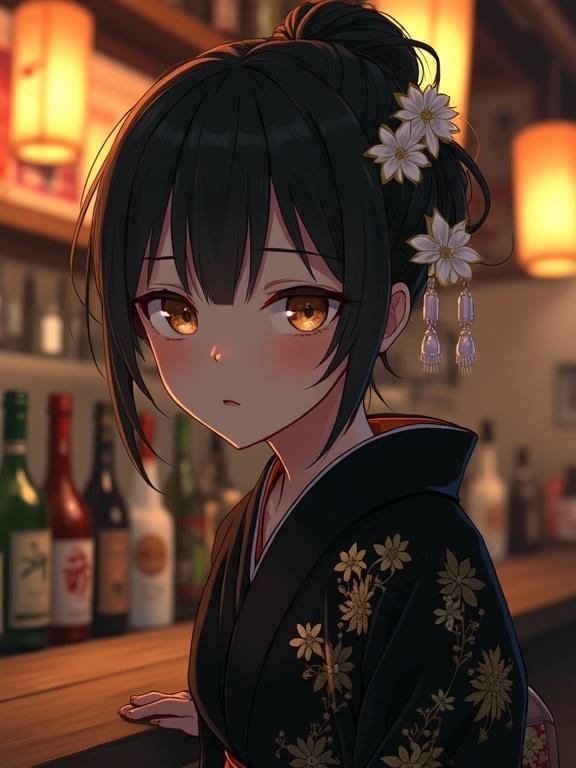 A woman with dark hair styled up and adorned with floral hair accessories. She has light brown eyes and wears a black kimono with gold floral designs. She's leaning on a bar in a traditional Japanese izakaya with rows of bottles and glowing lanterns, creating a warm atmosphere. Her expression is serene and slightly melancholic. Digital painting style with smooth shading.