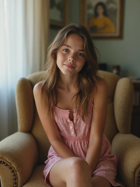 Teen girl sitting in a chair in a living room. She wears a pink mini sundress. The scene has soft natural light. The photo appears pixelated and low resolution. Bright colors enhance the casual aesthetic.