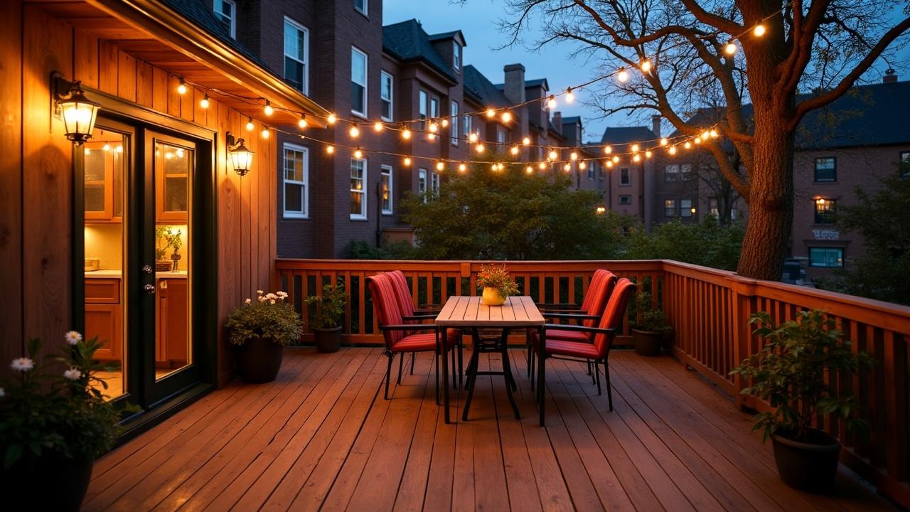 A cozy evening setup on a wooden deck is beautifully illuminated by string lights. A wooden dining table with red cushioned chairs is centered, while plants in pots add greenery to the ambiance. The surrounding setting features brick apartment buildings and a large tree, contributing to an inviting, serene urban backyard environment.