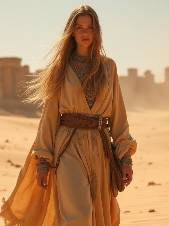 Desert nomad princess with flowing robes commands a sandstorm. Ancient ruins are visible in the distance. Warm sunlight bathes the scene. Captivating landscape and cultural attire.