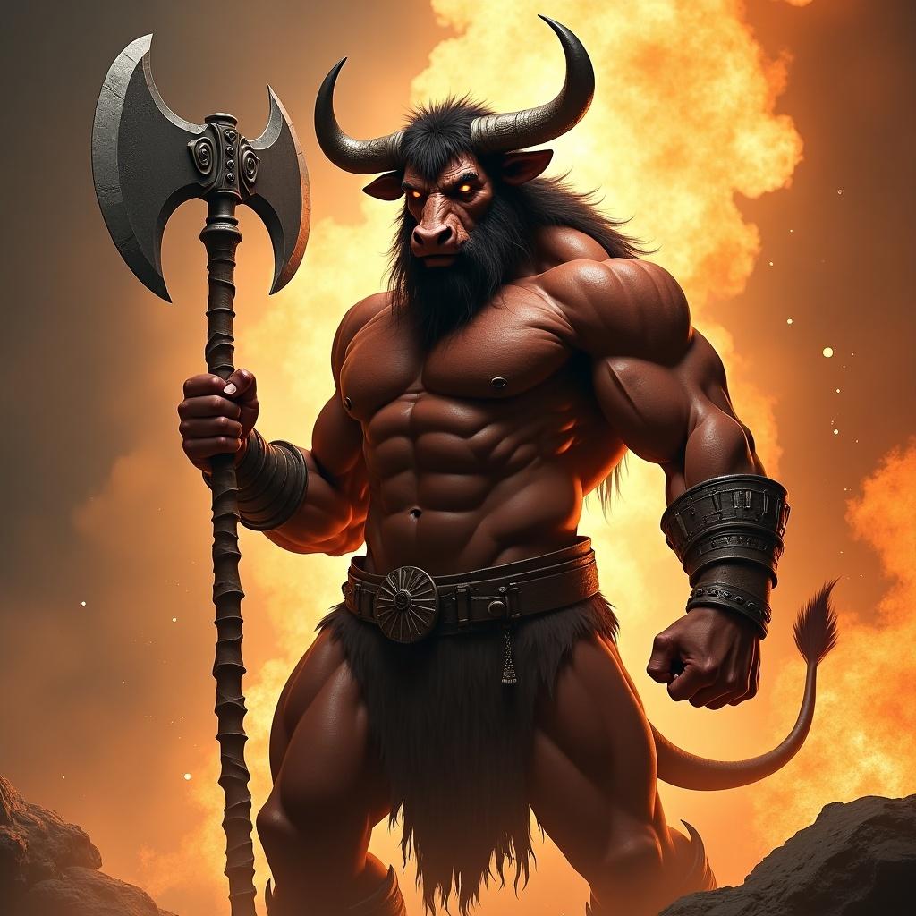 Powerful minotaur character with human and bull features evokes strength and fury. Muscular figure wields a massive axe. Background is ablaze creating a dramatic atmosphere. Captures essence of fantasy warrior ready for battle.