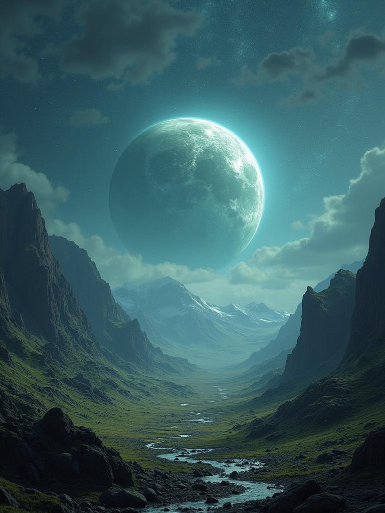 An alien planet features a breathtaking landscape. A large moon illuminates the scene. The valley is lush and green surrounded by towering mountains. The atmosphere is dense with clouds and stars visible. The ecosystem appears vibrant and thriving. No intelligent beings are depicted.