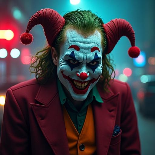 Create an image of a Joker-inspired character with a vibrant and menacing expression. Include elements like bright colors and a dark, atmospheric background. Focus on the character's whimsical yet eerie appearance.