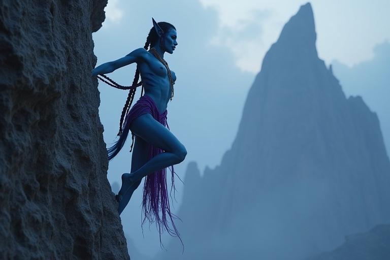 A tall, graceful Na’vi female climbs a narrow cliff face barefoot. Her smooth, radiant blue skin has glowing stripes. She has a lean figure, a swaying tail, and braided hair. Her chest rises with effort, and her golden eyes reflect fear and fire. She wears a netted chest covering and a purple tasseled loincloth. Reaching a ledge, she howls, calling ancient power.