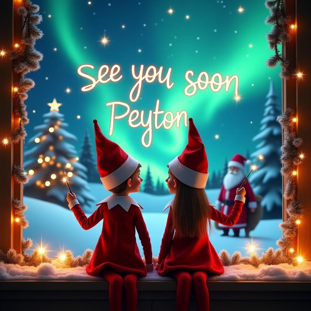 Two elves on the shelf sit side by side with their backs to the viewer, looking up at the sky. They are using magical wands to write the names 'See you soon Peyton' and 'Llevelyn' in the air. The background is a beautiful Christmas scene filled with snow-covered trees and twinkling lights. In the distance, Santa Claus watches over the enchanting scene. The northern lights shimmer brightly above, adding a magical touch to the festive atmosphere. Tinsel adorns the window frame, creating a cozy holiday setting.