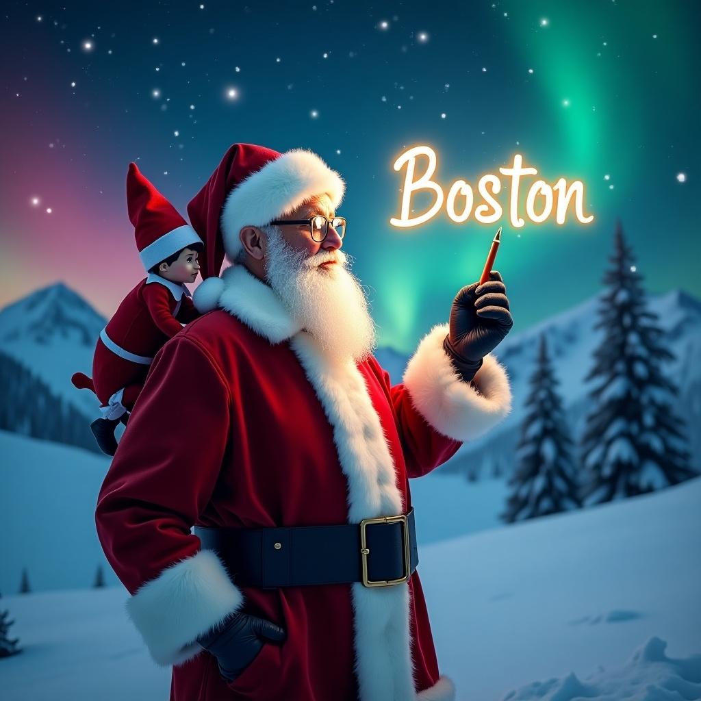 A real Santa with a white beard, wearing glasses, stands in a snowy mountain landscape at the North Pole. An adorable traditional red elf sits on Santa's shoulder. With a magical wand, Santa writes the name 'Boston', which glows in the twinkling stars of the night sky. The horizon displays breathtaking northern lights in shades of red, cerulean, and purple, creating a festive atmosphere. This enchanting scene captures the essence of Christmas magic and holiday cheer, ideal for the festive season.