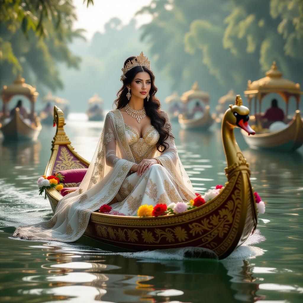 Regal figure adorned in opulent garments glides through a waterway. She is seated in an ornate boat shaped like a swan. The boat has golden patterns echoing ancient myths. Her expression is serene. The dress cascades around her, blending with the boat's decor. Soft lighting creates an ethereal atmosphere. Delicate floral arrangements are at her feet. Other ornate boats are in the misty background.
