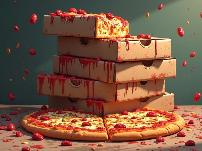 Stacks of moldy pizza boxes. Moldy pizza with toppings. Cel-shaded 3D anime style.