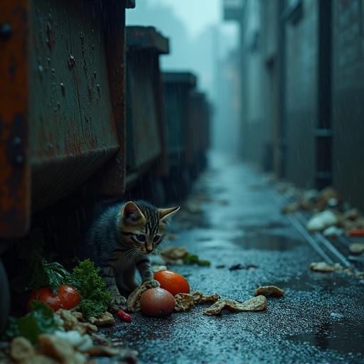 A narrow alley during night rain with wet asphalt. A small dark-striped kitten stands at the edge of an overturned dumpster. It paws through wet garbage. Torn bags and rotten vegetables are visible. The kitten shows hunger and despair with an arched back and tucked tail. Raindrops trickle down rusty walls. Dim light reflects in the puddles. A rainy haze hangs in the air. Photorealistic details.