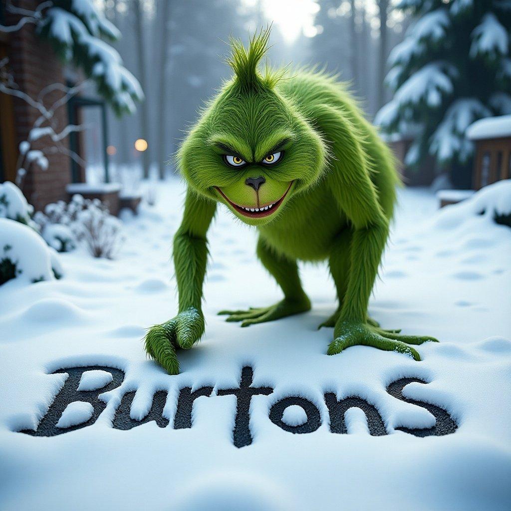 Grinch in a snowy landscape writing Burtons with his finger in the snow. Green character, festive setting, holiday theme