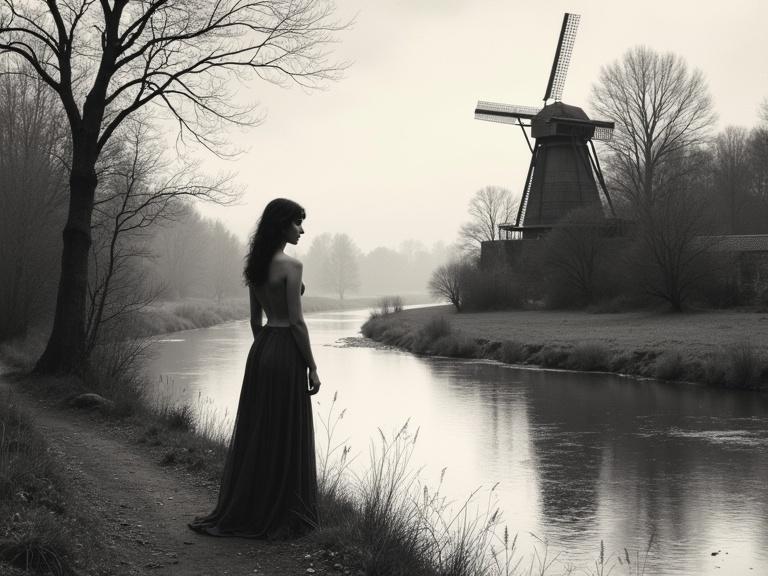 Medium shot of a woman in a flowing dress by a winding river. Surrounding is an autumn landscape with a mill in the background. Soft gray tones dominate the scene. The mood is melancholic due to the overcast sky and gentle river ripples.