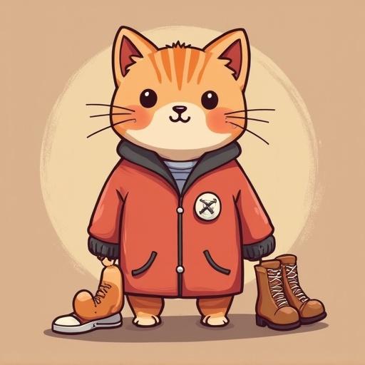 Illustration of a cute peach-colored cat dressed in an oversized red coat and boots with a soft background.