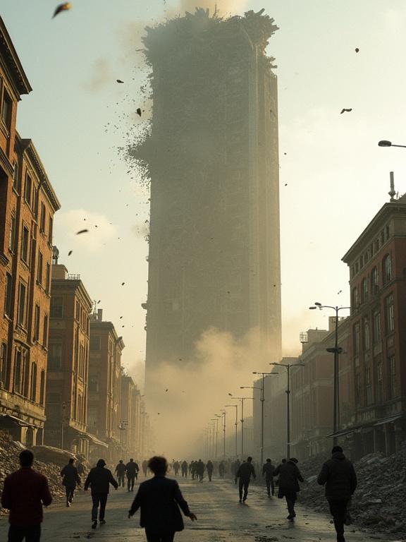 A tall skyscraper is collapsing. Debris is falling as it crumbles. People run in panic down the street. The environment is filled with dust and debris. The atmosphere is tense and apocalyptic. The lighting suggests late afternoon with dramatic shadows.