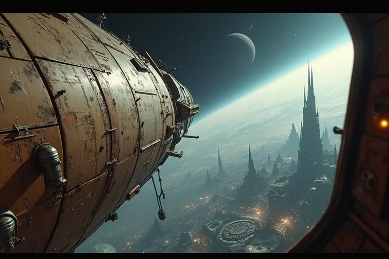 Ultra-realistic cinematic view from fixed external camera on massive old spacecraft. Scene shows weathered brown hull with rust and dents. Spacecraft drifts silently through space with distant futuristic city below. City glows faintly with tall buildings and energy beams. Color palette features muted browns, grays, and blues. Realistic lighting and shadows create an ominous mood. Composition captures spacecraft and growing city skyline beautifully in depth-of-field.