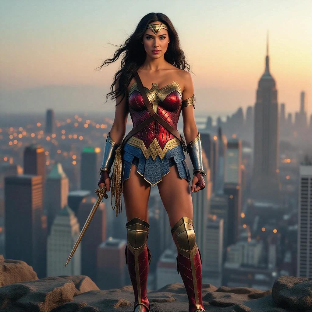 A full body image of a superhero character resembling Wonder Woman stands confidently in an urban setting. The character wears a vibrant red and blue costume detailed with gold accents. A sword is held in one hand while the city skyline is visible in the background.